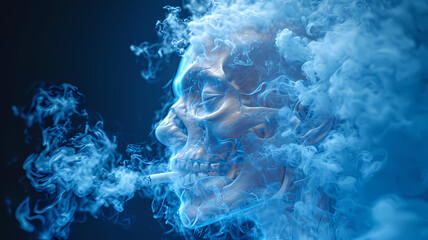 Blue Holographic Human Anatomy with Smoke Effects from Cigarette - obrazy, fototapety, plakaty