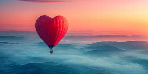 Fototapeta premium Gorgeous crimson hot air balloon heart in pastel blue and pink sky on a sunny morning, with misty mountains in the distance. Ideal for a Valentine's Day adventure or a sporty getaway.