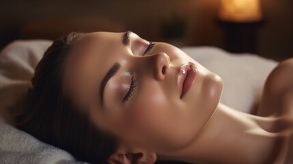 Lovely lady receiving spa treatment, resting on massage table with eyes shut, enhancing skin health and overall wellness.