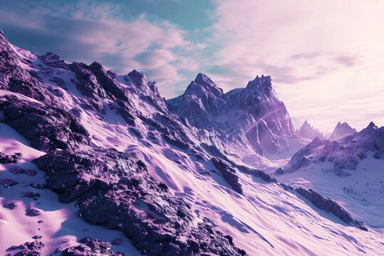 A mountain range with neon purple veins coursing through the rocks and snow, © Haani