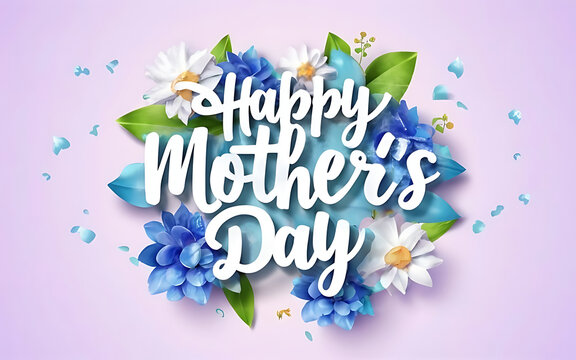 Blue Watercolor Modern happy Mothers Day, 3d render, typography, illustration