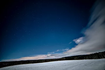 Fotobehang snow - covered field with trees and forest at night with a lot of snow © Pavel
