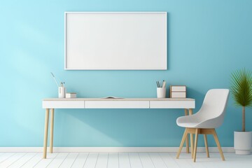 A serene office space with a light-colored desk and chair against a vibrant blue wall, blank empty mockup frame.