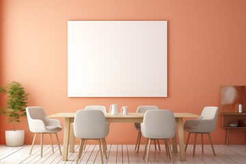 A serene meeting room with desks and chairs, featuring an empty mockup frame on a soothing peach wall. Blank empty mockup frame.