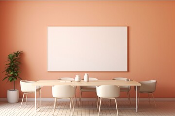 A serene meeting room with desks and chairs, featuring an empty mockup frame on a soothing peach wall. Blank empty mockup frame.