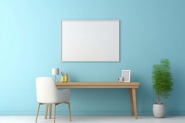 A serene office space with a light-colored desk and chair against a vibrant blue wall, blank empty mockup frame.