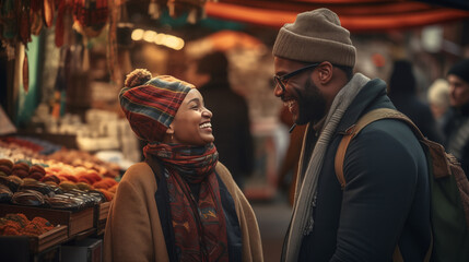 Fototapeta na wymiar Autumn Market Romance Couple Enjoying Cozy Outdoor Shopping