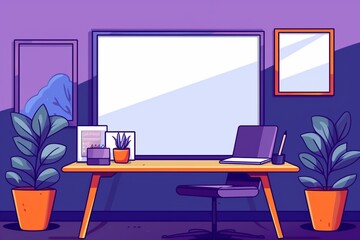 A sleek office with a desk and chair, an empty mockup frame on the vivid purple wall. Blank empty mockup frame.