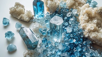 Icy chic collage of Aquamarine, Blue Topaz, and Moonstone, emanating cool elegance and tranquility against a white background