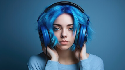 Fashionable young woman with vibrant blue hair listening to music on her headphones against a blue background.