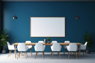 A spacious meeting area with light-colored furniture, desks, and chairs, highlighting an empty mockup frame on a deep blue wall. Blank empty mockup frame.