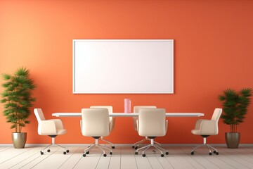 A spacious meeting area with light-colored furniture, desks, and chairs, featuring an empty mockup frame on a warm coral wall. Blank empty mockup frame.