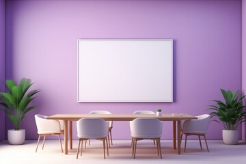 A spacious meeting room with light-colored decor, desks, and chairs, complemented by an empty mockup frame on a vibrant lavender wall. Blank empty mockup frame.