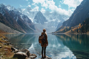 Scandinavian woman with backpack against the background of nature and mountains looking at the lake.view from behind - obrazy, fototapety, plakaty