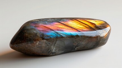 Iridescent Labradorite showcasing its mesmerizing spectrum of colors, elegantly placed on a white backdrop