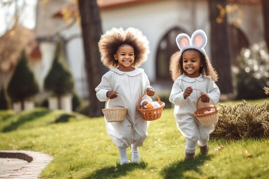 Joyful children, two little african american girls in Easter bunny costumes with baskets, sharing laughter in spring meadow, family and holiday time