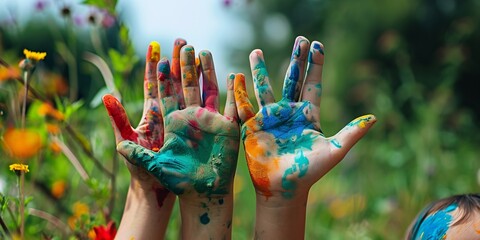 Kids' hands painted in hues, summer snapshot, focused on nature.
