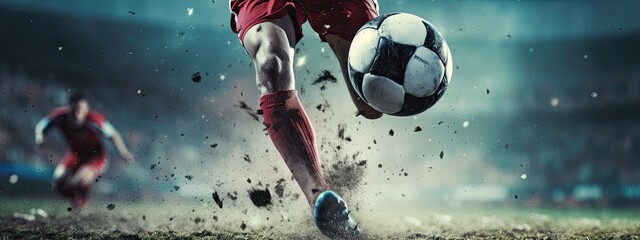 close up foot football player kicking football. Football banner.  Football Competition with green grass field.   - obrazy, fototapety, plakaty