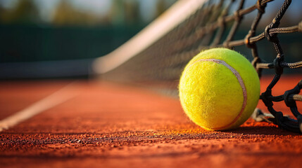 Close-up of Tennis Ball on Court with Net - obrazy, fototapety, plakaty