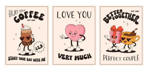 Valentine's Day set of vintage posters. Happy and cheerful retro mascots. Old animation 50s 60s 70s, groovy cartoon characters of coffee sweets and hearts, donut, cupcake, espresso, latte, present