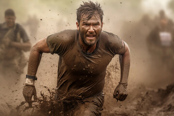 A muddy male endurance runner in an iron man style competition showing gritty determination to complete a race against adversity or extreme conditions