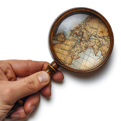 Hand holding a magnifying glass over a map isolated on white background, minimalism, png
