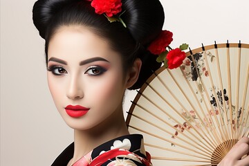 Stunning geisha in an exquisite black kimono, gracefully holding a delicate hand fan