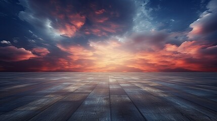 Dark floor background with clouds, lovely sunset and night sky in the distance.