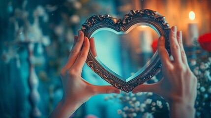 Symbolic Image of Affection and Connection. Embrace Yourself. Individual using Hand to Shape a Heart on the Reflective Surface. Indulge in Passion on February 14th.
