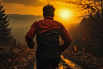 a man on a running path walking at sunrise - obrazy, fototapety, plakaty
