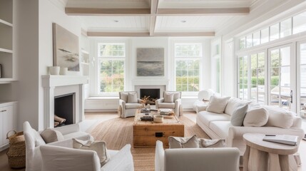 Fototapeta na wymiar Cozy farmhouse living room with natural light, neutral tones, and a classic fireplace