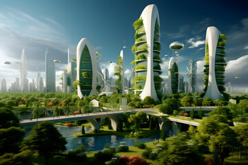 Eco-futuristic cityscape ESG concept full with greenery, skyscrapers, parks, and other manmade green spaces in urban area. Green garden in modern city. Digital art 3D illustration.