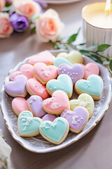 A photo of colorful heart shape cookies displayed