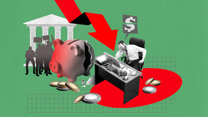 Poster for webinar on influence of socio-political factors on savings. Businessman sitter at desk...