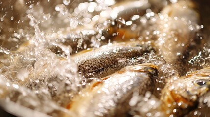 Boiling fry in oil cooking fish meal wallpaper background - obrazy, fototapety, plakaty