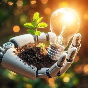 Revolutionary Technology Concept: Robotic Hand Cultivating a Tree in Soil in a Light Bulb, Amidst a Background of Advanced Technology. Embracing Eco-Friendly Energy Conservation and Innovation.