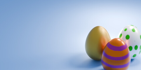Happy Easter holiday banner. Eggs on blue background . Greeting banner. 3d render. Space for text.