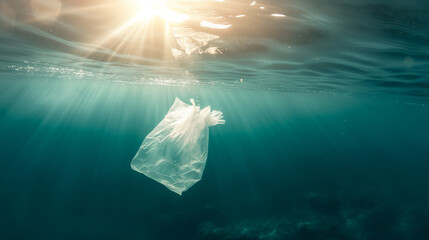 Plastic bag in the ocean, nature conservation concept - obrazy, fototapety, plakaty
