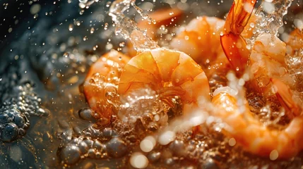 Selbstklebende Fototapeten Fried cooking in boiling oil seafood shrimp wallpaper background © Irina