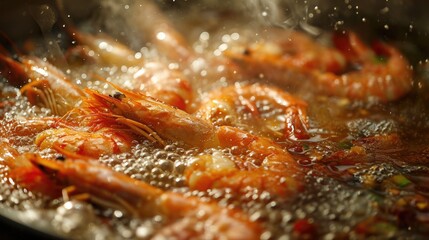 Obraz na płótnie Canvas Fried cooking in boiling oil seafood shrimp wallpaper background