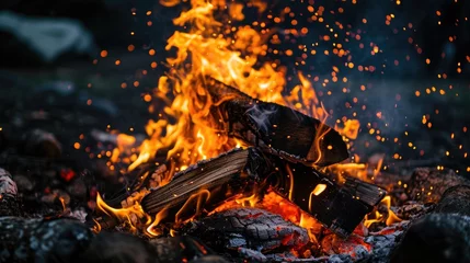 Fotobehang Bonfire campfire camping tourism wood wallpaper background © Irina