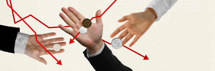 Educational content for explaining inflation and purchasing power erosion. Hands exchanging coins against a downtrend graph, symbolizing economic exchange. Economic crisis, business, finances concept - obrazy, fototapety, plakaty