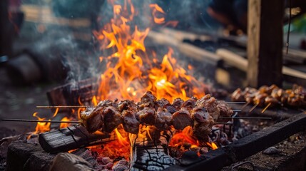 Meat bbq kebab cooking fry on campfire wallpaper background