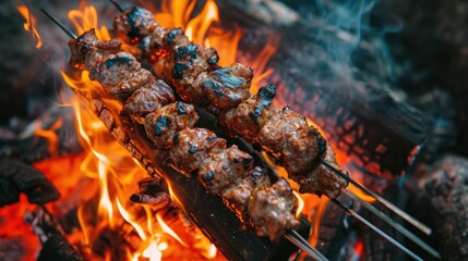 Obraz na płótnie Canvas Meat bbq kebab cooking fry on campfire wallpaper background