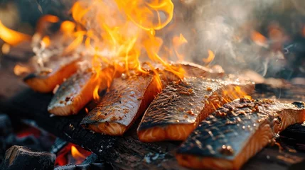 Gardinen Red salmon tuna fish steak bbq cooking fry on campfire wallpaper background © Irina