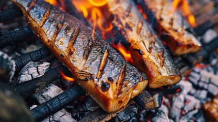 Kebab fish bbq kebab cooking fry on campfire wallpaper background