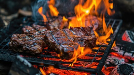 Meat steak piece bbq cooking fry on campfire wallpaper background - obrazy, fototapety, plakaty