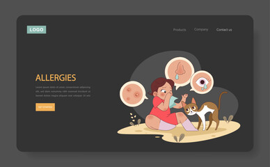 Allergies dark or night mode web, landing. A child experiences common symptoms around a cat, depicting health challenges in pet interactions. Flat vector illustration