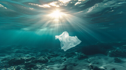 Plastic bag in the ocean, nature conservation concept - obrazy, fototapety, plakaty