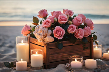 Obraz na płótnie Canvas Romantic Beach Wedding. Bouquet of roses in a wooden box, candles aglow. Perfect beach ceremony decorations for love and celebration
